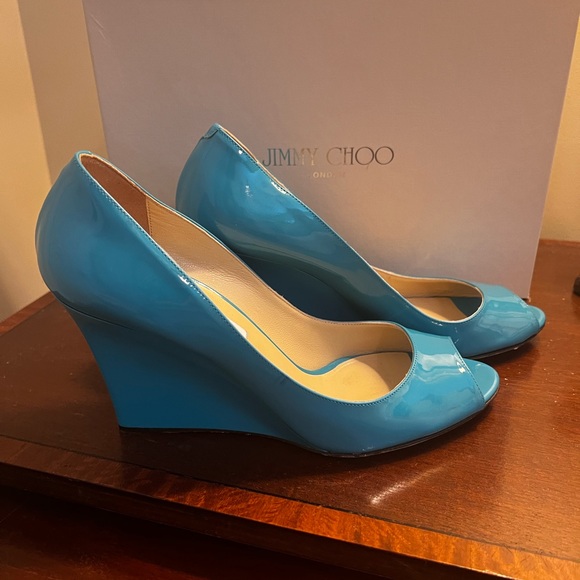 Jimmy Choo Turquoise Baxen Peep Toe Wedge Pump - Picture 3 of 9